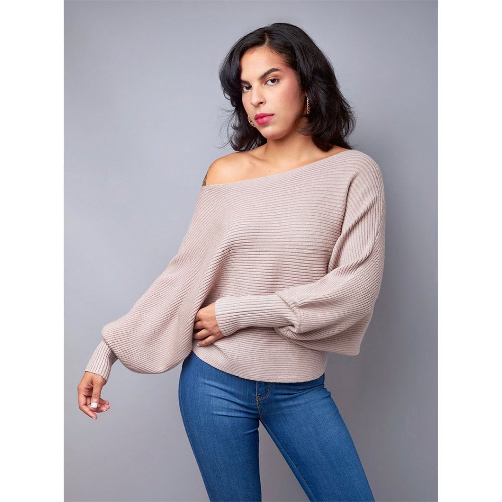 Taupe Dolman Sleeve Ribbed Knit Sweater Top